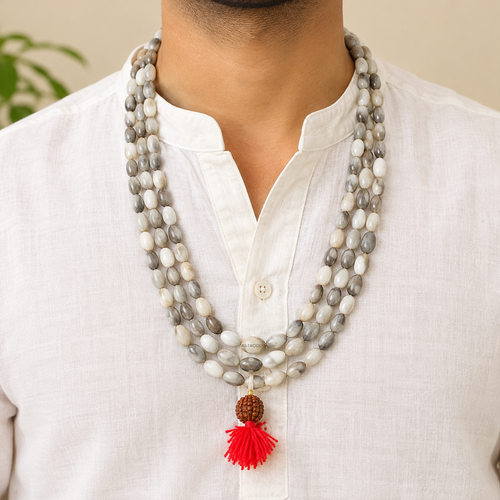 Grey & White Vaijayanti Mala with Rudraksha Tassel | 108 Beads Japa Mala for Prayer & Meditation