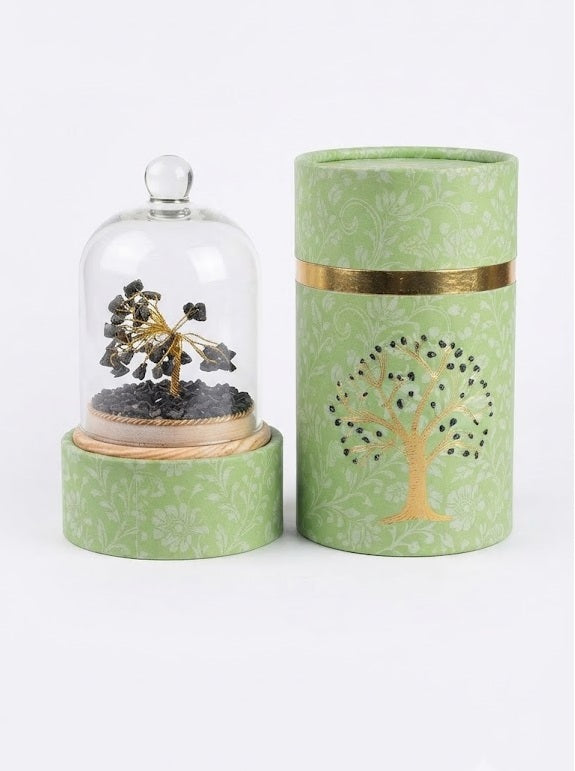 Pyrite Crystal Dome Tree Showpiece with Glass Dome & Wooden Base