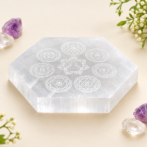 Selenite Seven Chakra Engraved Hexagon Plate | Ganesh Spiritual Energy Décor