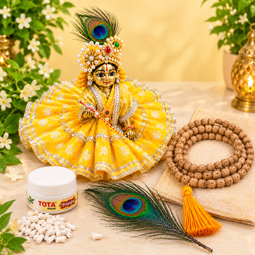 Laddu Gopal Shringar Combo with Yellow Poshak, Tulsi Mala, Mor Pankh & Chandan Tilak