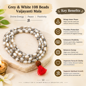 Grey & White Vaijayanti Mala with Rudraksha Tassel | 108 Beads Japa Mala for Prayer & Meditation