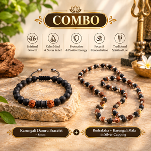 Karungali Rudra Sangam | Damru Bracelet & Silver Capping Karungali Rudraksha Mala