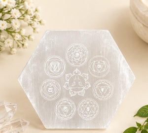 Selenite Seven Chakra Engraved Hexagon Plate | Ganesh Spiritual Energy Décor