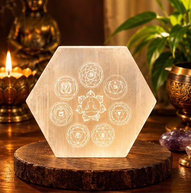 Selenite Seven Chakra Engraved Hexagon Plate | Ganesh Spiritual Energy Décor