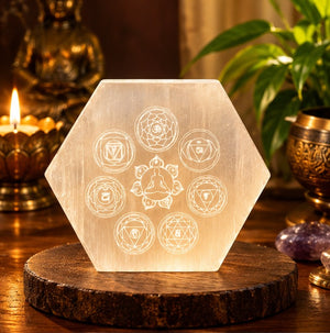 Selenite Seven Chakra Engraved Hexagon Plate | Ganesh Spiritual Energy Décor