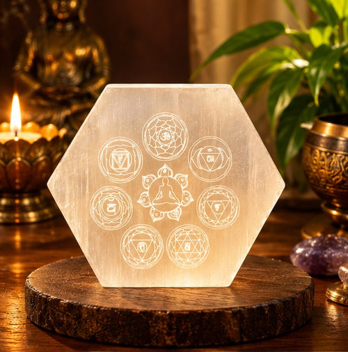 Selenite Seven Chakra Engraved Hexagon Plate | Ganesh Spiritual Energy Décor