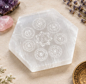Selenite Seven Chakra Engraved Hexagon Plate | Ganesh Spiritual Energy Décor