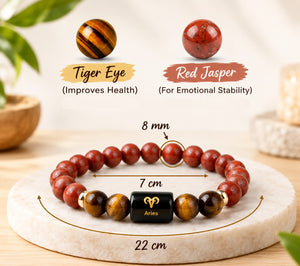 Aries (मेष राशि) Zodiac Bracelet | Red Jasper & Tiger's Eye Crystal Bracelet for Men & Women