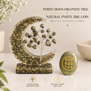 Pyrite Prosperity Duo | Moon Orgonite Tree & Natural Zibu Coin