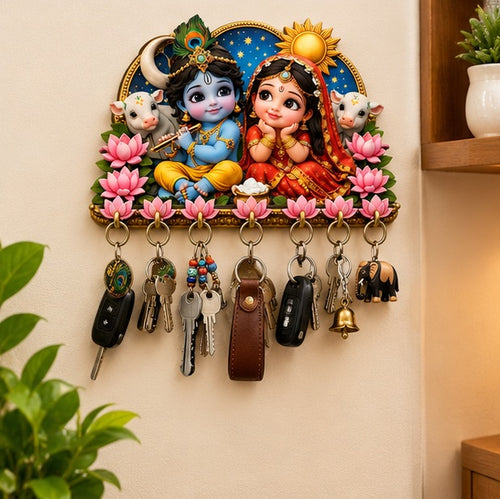Radha Krishna Lotus Key Holder | Decorative Wall-Mounted Key Organizer