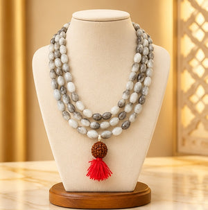 Grey & White Vaijayanti Mala with Rudraksha Tassel | 108 Beads Japa Mala for Prayer & Meditation