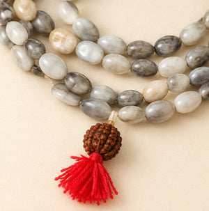 Grey & White Vaijayanti Mala with Rudraksha Tassel | 108 Beads Japa Mala for Prayer & Meditation