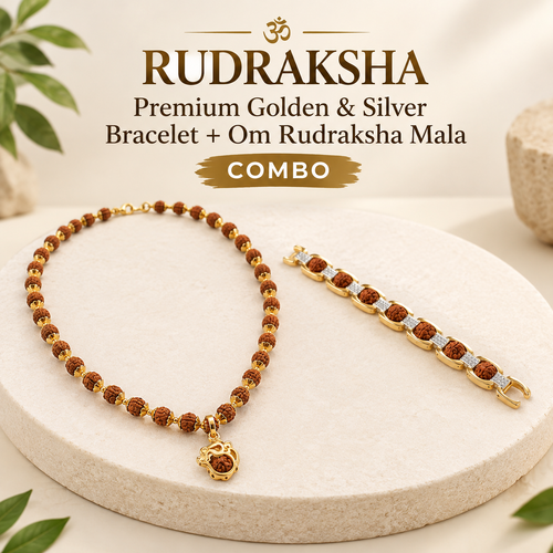 Divine Protection & Positive Energy Combo – Premium Golden & Silver Rudraksha Bracelet & Om Rudraksha Mala