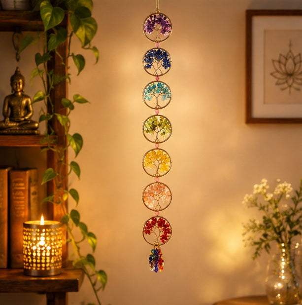 Seven Chakra Crystal Tree Window Hanging | Colourful Energy Balance & Spiritual Décor