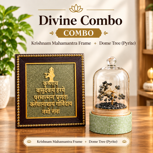 Pyrite Shree Krishna Blessing Duo | Pyrite Dome Tree & Krishna Mahamantra Frame