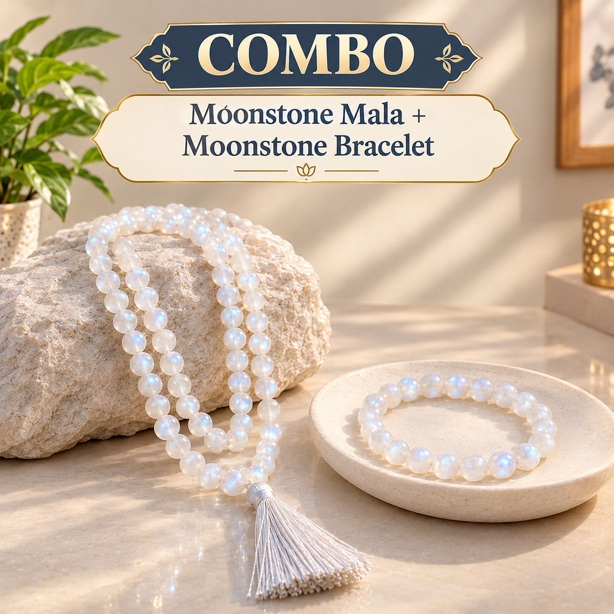 Moonstone Serenity Set – Bracelet & Mala for Intuition, Emotional Balance & Fresh Beginnings
