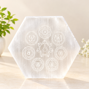 Selenite Seven Chakra Engraved Hexagon Plate | Ganesh Spiritual Energy Décor