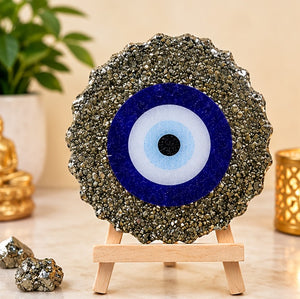 Pyrite Evil Eye Decorative Frame Stand | Spiritual Protection & Positive Energy Décor