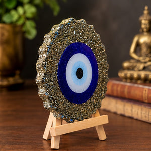 Pyrite Evil Eye Decorative Frame Stand | Spiritual Protection & Positive Energy Décor