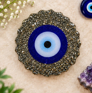 Pyrite Evil Eye Decorative Frame Stand | Spiritual Protection & Positive Energy Décor