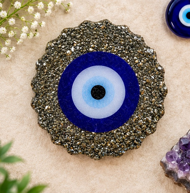 Pyrite Evil Eye Decorative Frame Stand | Spiritual Protection & Positive Energy Décor