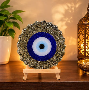 Pyrite Evil Eye Decorative Frame Stand | Spiritual Protection & Positive Energy Décor