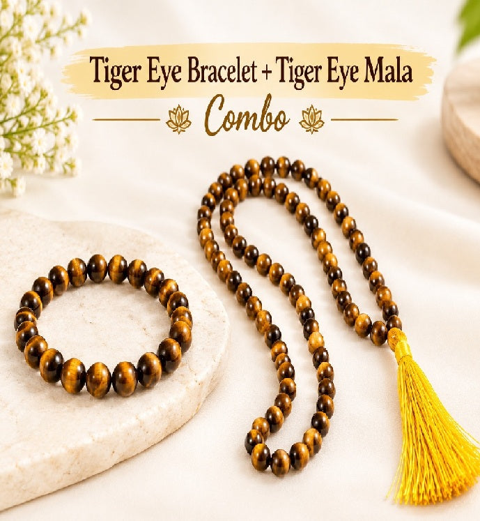 Courage & Focus Power Duo – Tiger Eye Bracelet & Tiger Eye Mala