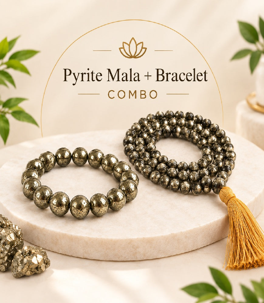 Prosperity & Abundance Crystal Duo – Pyrite Bracelet & Pyrite Mala