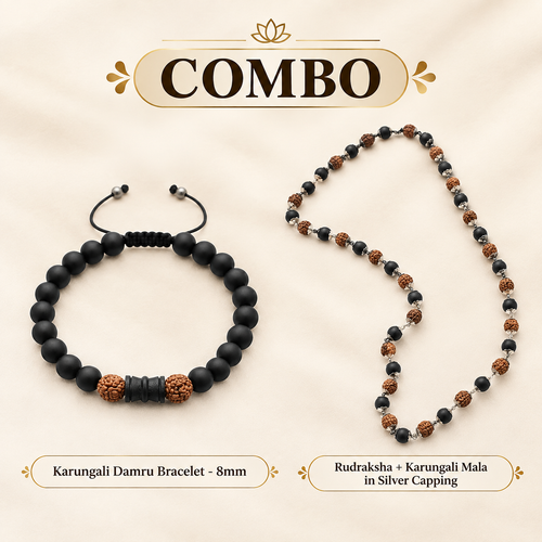 Karungali Rudra Sangam | Damru Bracelet & Silver Capping Karungali Rudraksha Mala