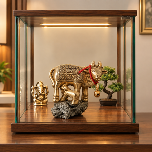 Prosperity Grace Combo|Golden Kamdhenu Cow with Calf on Natural Pyrite Crystal Base + Pyrite Crystal Pen