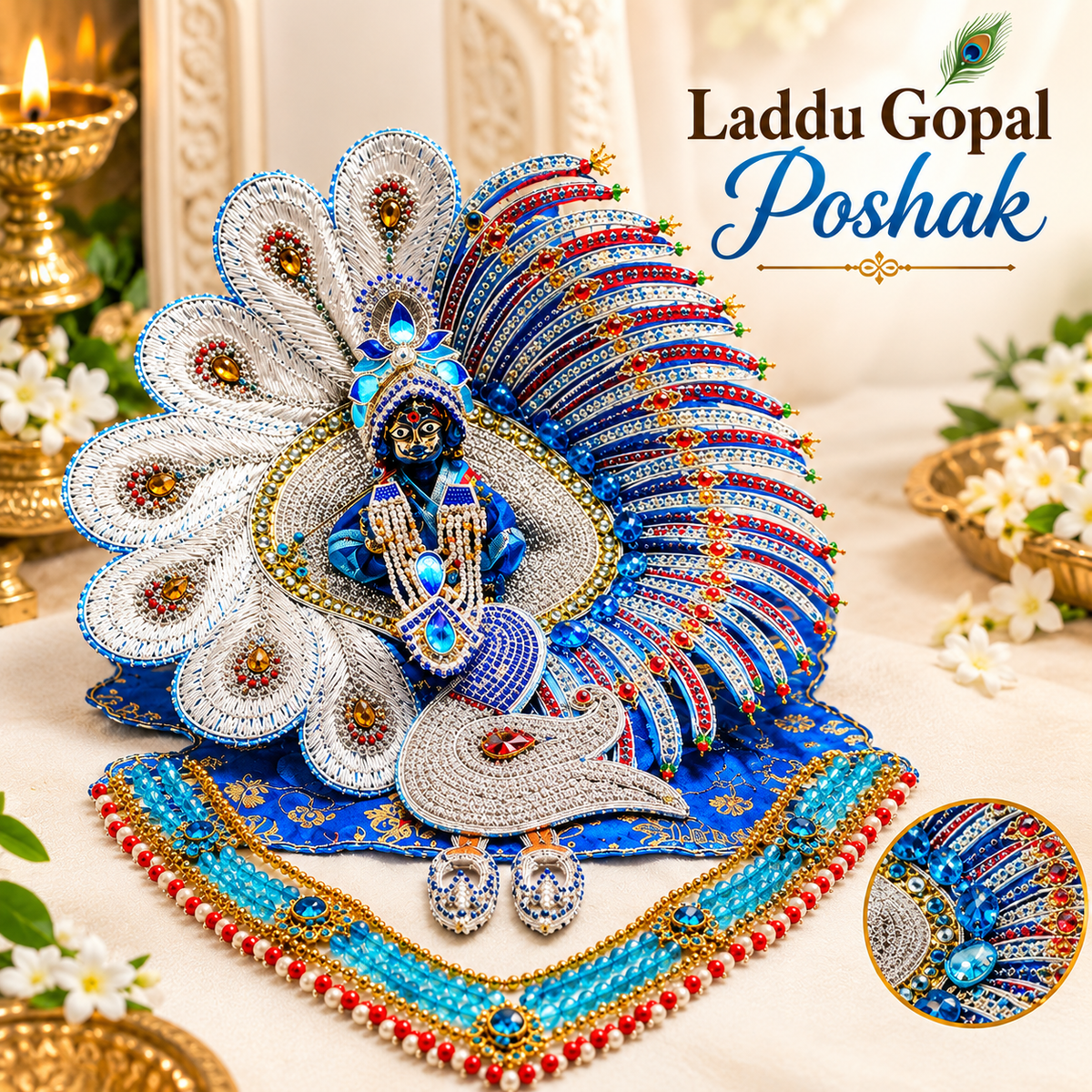 Royal Blue Laddu Gopal Poshak Set | Peacock Design with Stone Work