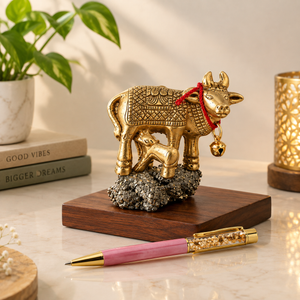 Prosperity Grace Combo|Golden Kamdhenu Cow with Calf on Natural Pyrite Crystal Base + Pyrite Crystal Pen