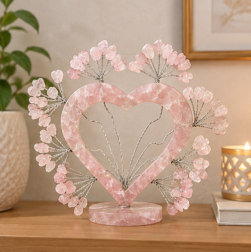Rose Quartz Heart of Love Crystal Tree | Handmade Gemstone Heart Décor