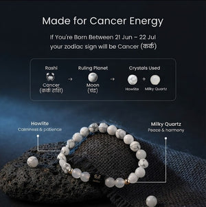 Cancer Zodiac Bracelet (कर्क राशि) | Howlite & Milky Quartz Crystal Bracelet for Men & Women