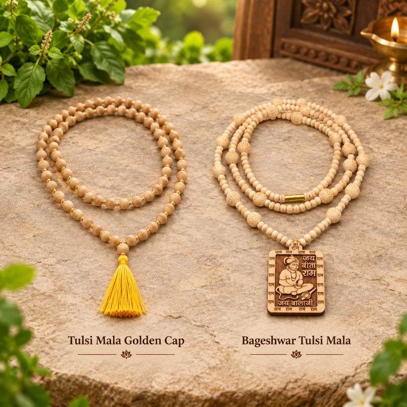 Tulsi Shree Bhakti Set | Golden Capping Tulsi Mala & Bageshwar Tulsi Mala