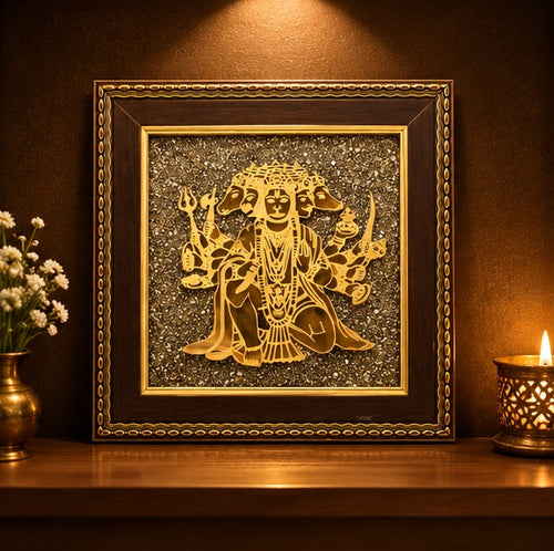 Panchmukhi Hanuman Ji Golden Embossed Framed Wall Art for Spiritual Home Décor