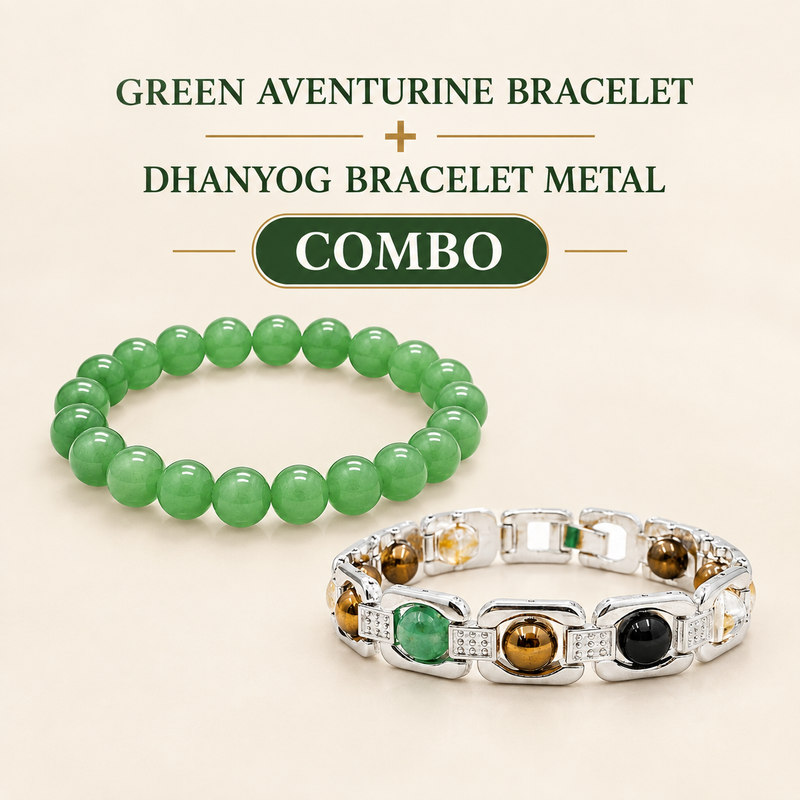 Luck & Wealth Crystal Duo – Green Aventurine & Dhanyog Metal Bracelets