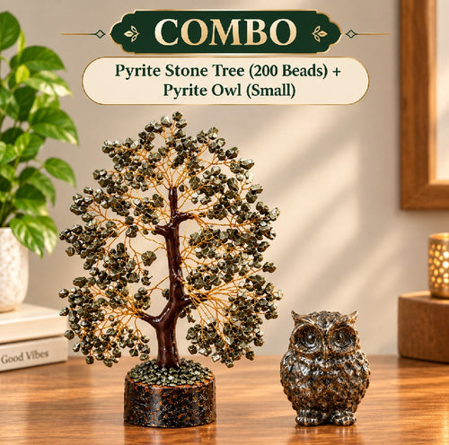 Pyrite Prosperity Combo – 200 Beads Pyrite Stone Tree & Small Pyrite Owl
