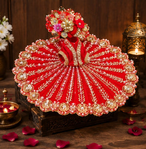 Shubh Laal Royal Fan Design Poshak for Laddu Gopal Ji