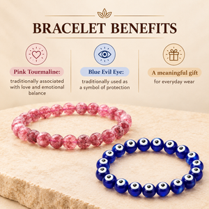 Pink Tourmaline & Blue Evil Eye Bracelet Set | Love & Protection Duo