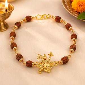 Hanuman Ji Golden Charm Rudraksha Bracelet | Spiritual Bead Bracelet