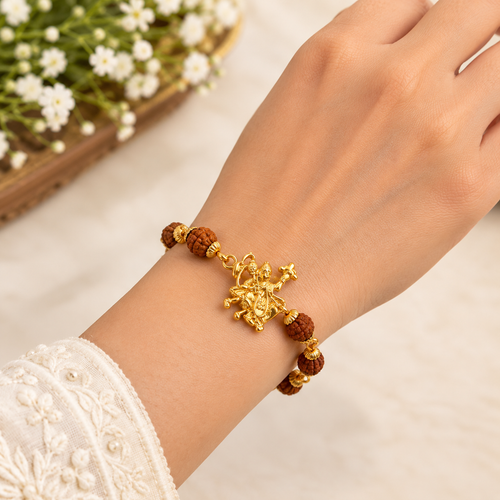 Hanuman Ji Golden Charm Rudraksha Bracelet | Spiritual Bead Bracelet
