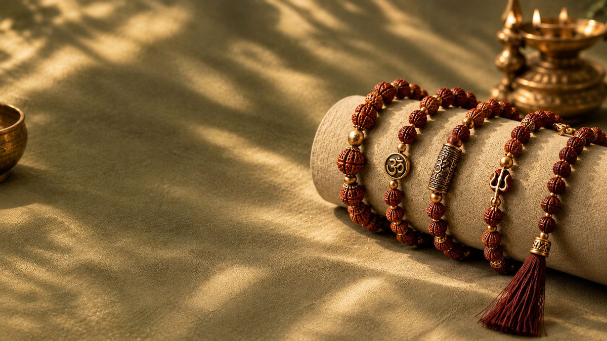 Energised rudraksha and crystal bracelets on silk