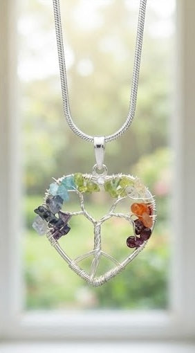 Multicolor Seven Chakra Tree of Life Crystal Pendant