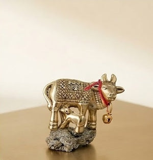 Golden Kamdhenu Cow with Calf on Pyrite Crystal Base