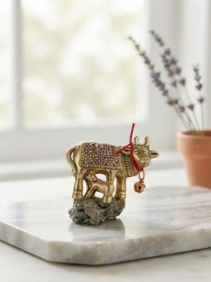 Golden Kamdhenu Cow with Calf on Pyrite Crystal Base