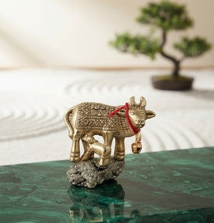 Golden Kamdhenu Cow with Calf on Pyrite Crystal Base