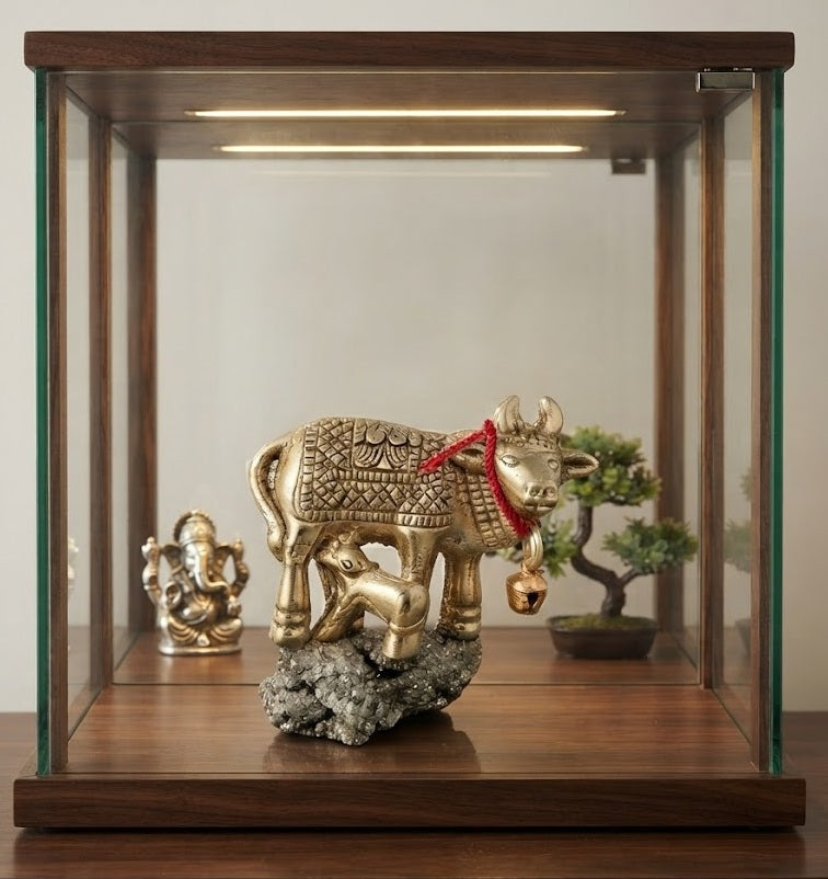 Golden Kamdhenu Cow with Calf on Pyrite Crystal Base