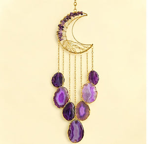 Purple Agate Crescent Moon Wind Chime | Natural Gemstone Window Hanging