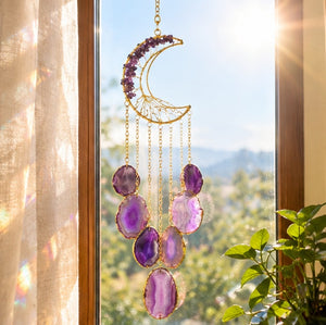 Purple Agate Crescent Moon Wind Chime | Natural Gemstone Window Hanging